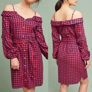 ANTHROPOLOGIE x Guest Editor Open-Shoulder Shirtdress Red Plaid Cotton Sz S $148